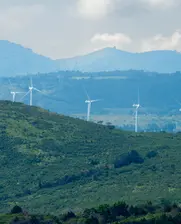 Panoramic view of a wind power mills field in Latin America