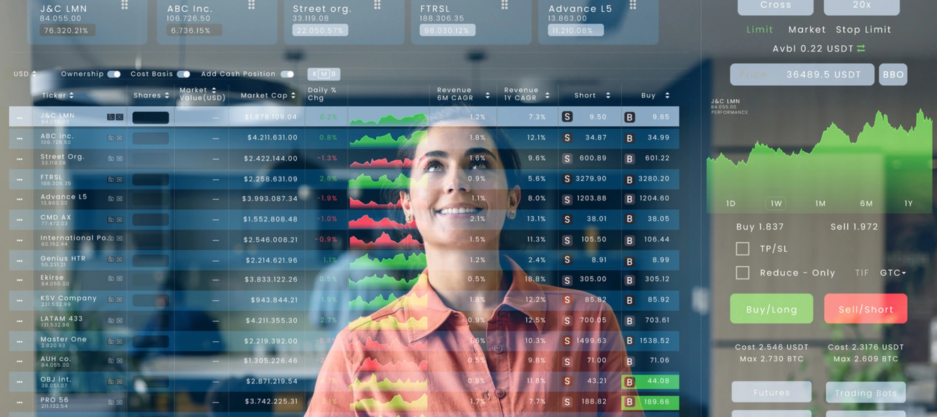 A woman looking at screens