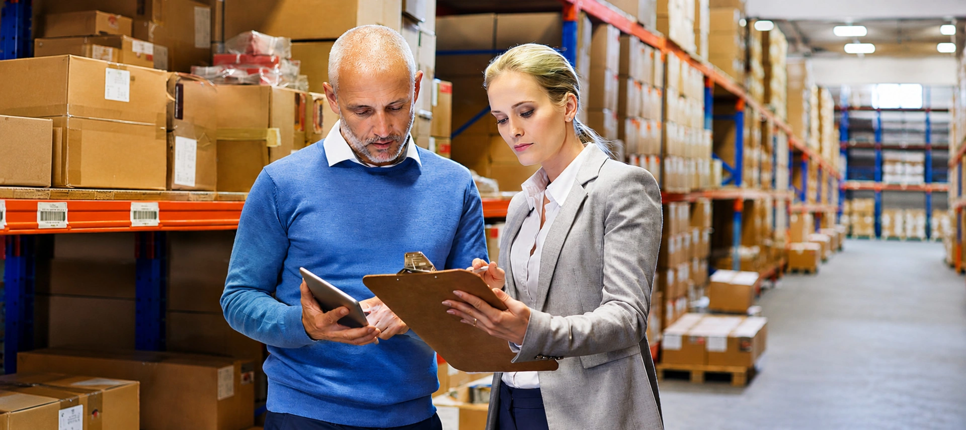 Image showing a man and a woman reviewing documents at a warehouse