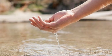 A hand scooping water from a stream