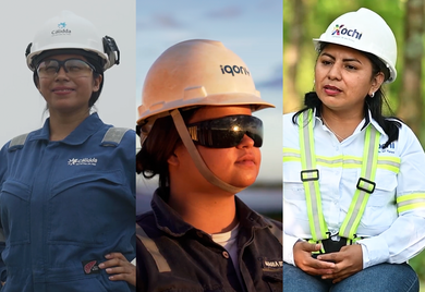 The image shows three individuals wearing industrial safety gear, including white hard hats and protective clothing, positioned side by side in different worksite environments. Each person is dressed in branded uniforms: