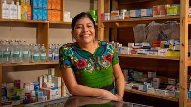 Carmen Eugenia Osorio at her pharmacy in colonia Las Flores, San Juan Sacatepéquez, Guatemala. 