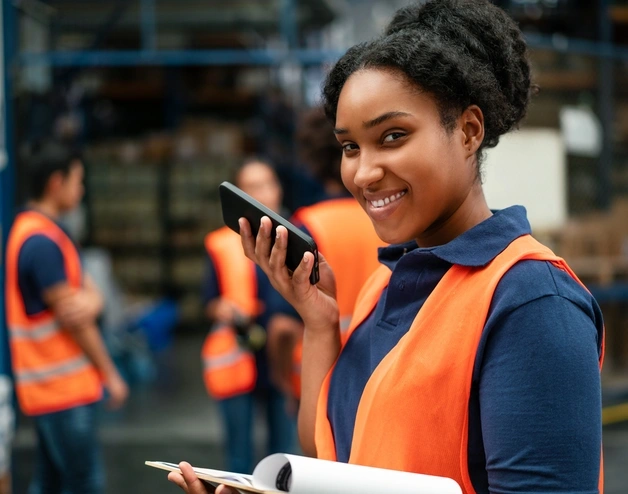 Image of an african-american woman working at a cargo company warehouse
