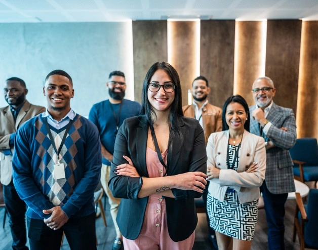 A group on seven people, women and men apparently part of the board of a company.
