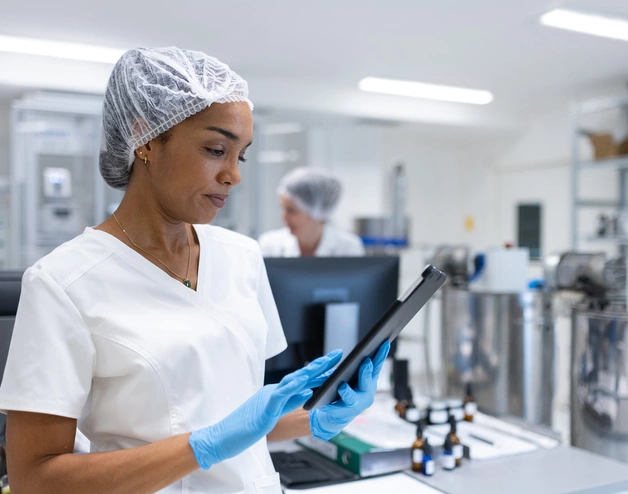 A female technician checking a tablet in a laboratory