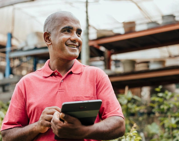 a man with tablet smiling in a plant shop 