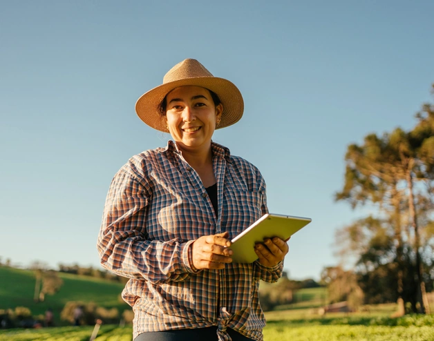 Woman holding a tablet in a rural area