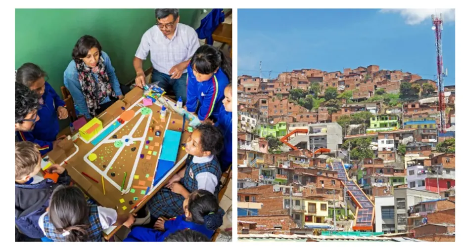 Combo image of a group of students and a poor neighborhood in Latin America