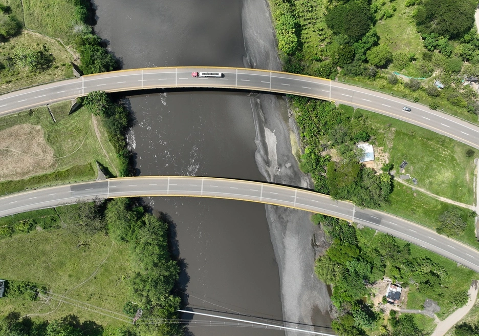 Highway over a river view from the sky