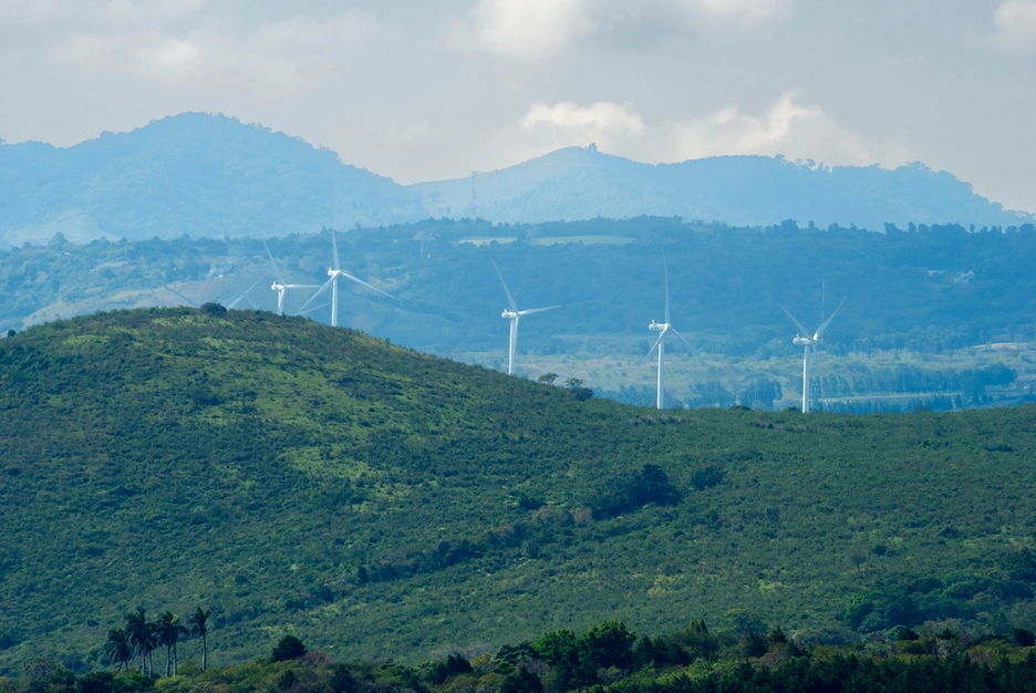 Panoramic view of a wind power mills field in Latin America