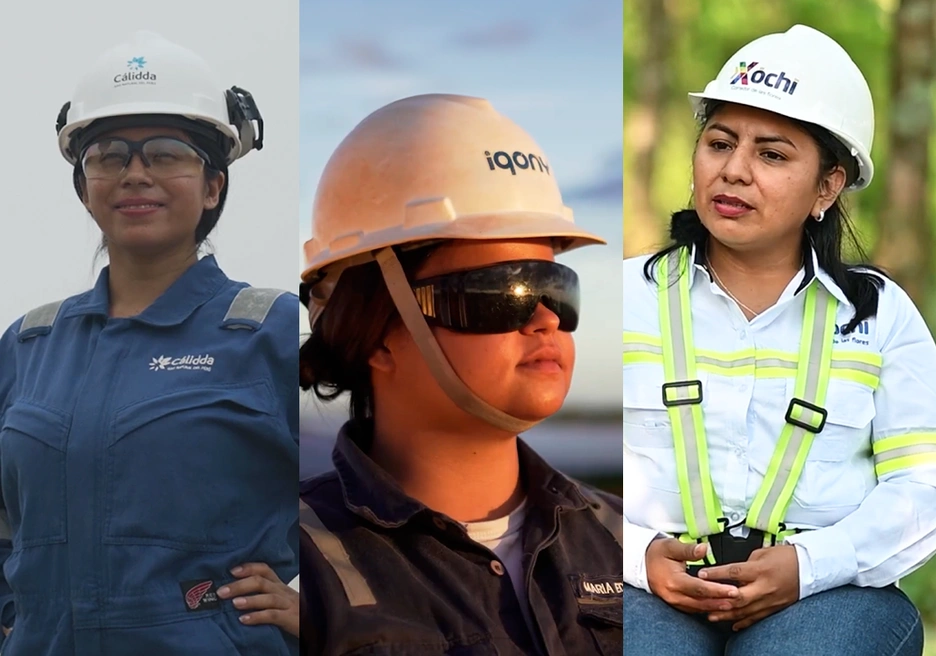 The image shows three individuals wearing industrial safety gear, including white hard hats and protective clothing, positioned side by side in different worksite environments. Each person is dressed in branded uniforms: