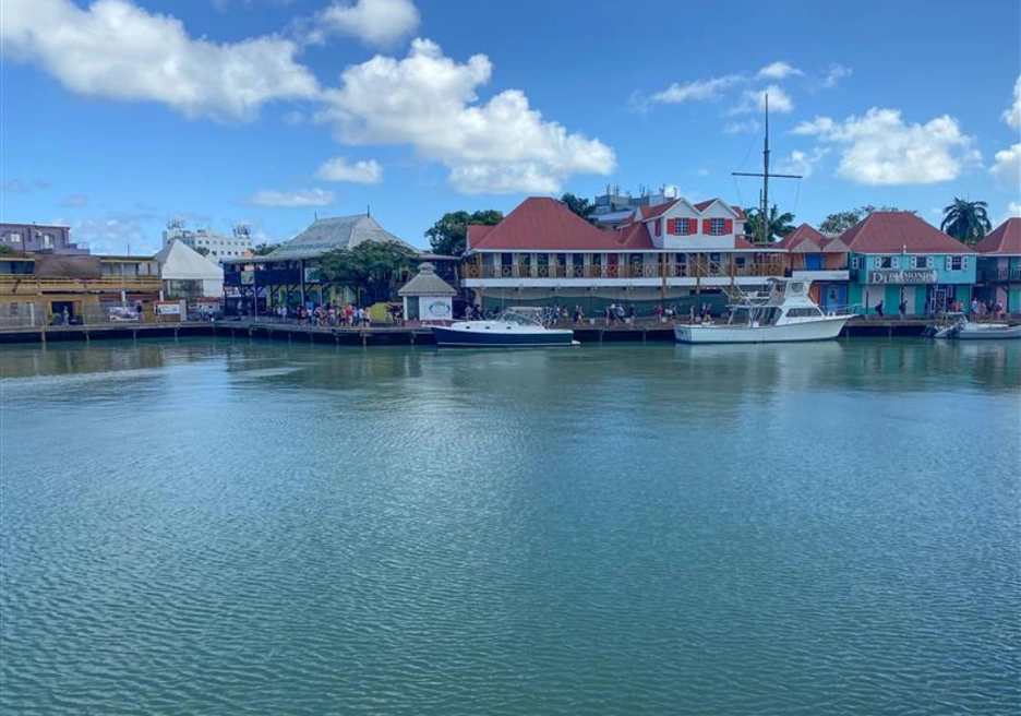 The image shows a waterfront scene with calm water in the foreground and a row of colorful buildings along the shore in the background.